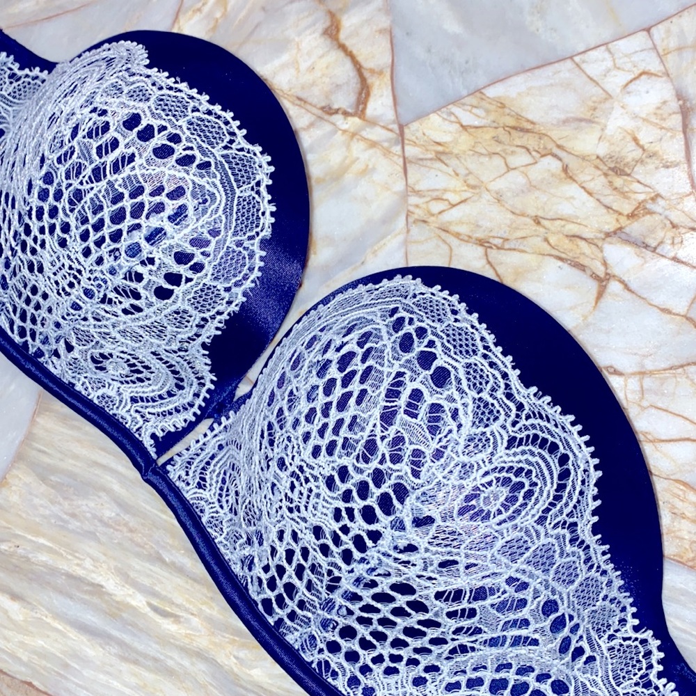 Rare 32B Bombshell‎ Blue Lace Strapless Bra White Navy Crochet Pushup